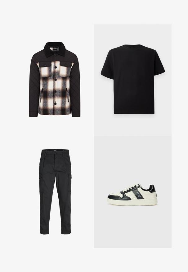 Quilted jacket with black sleeves and collar. Plaid design features white, black, and brown patterns. Button closures and chest pockets.; Black short-sleeve T-shirt made of textured fabric, featuring a round neckline and a relaxed fit. Simple, no patterns or accents.; Black cargo pants made of sturdy fabric, featuring multiple pockets, a button closure, and a slim fit design with tapered legs.; Leather sneakers with a black and cream color scheme, featuring perforated accents, a padded collar, and a textured outsole.