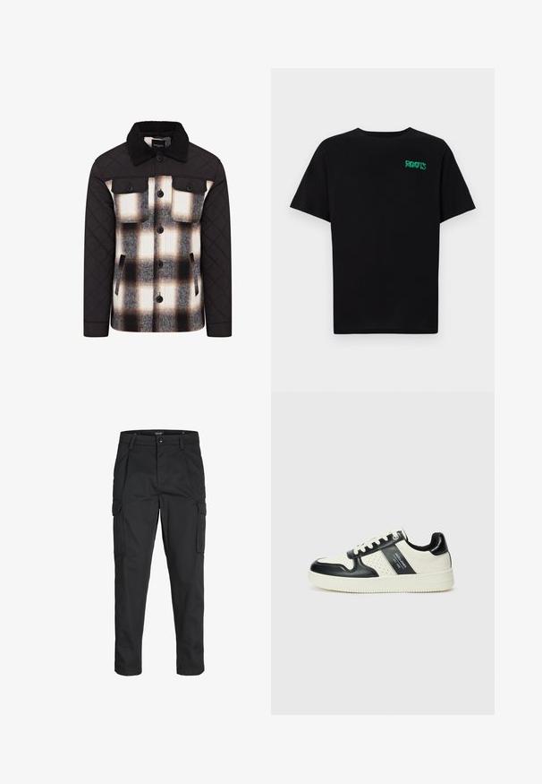 Gurnis jaka ar melniem piedurknēm un apkakli. Pledota dizaina raksts ar baltiem, melniem un brūniem toņiem. Noklikšķināšanas aizdare un krūšu kabatas.; Melna kokvilnas t-kreka ar īsām piedurknēm. Uz priekšu ir zaļa "ROOTS" logo, apaļa kakla izgriezums un standarta piegriezums.; Melnas kravas bikses, izgatavotas no izturīga auduma, ar vairākiem kabatām, pogu aizdari un šaura piegriezuma dizainu ar sašaurinātiem kāju apakšiem.; Ādas sporta apavi ar melnbaltu krāsu shēmu, ar perforētiem akcentiem, mīkstinātu apkakli un teksturētu zoli.