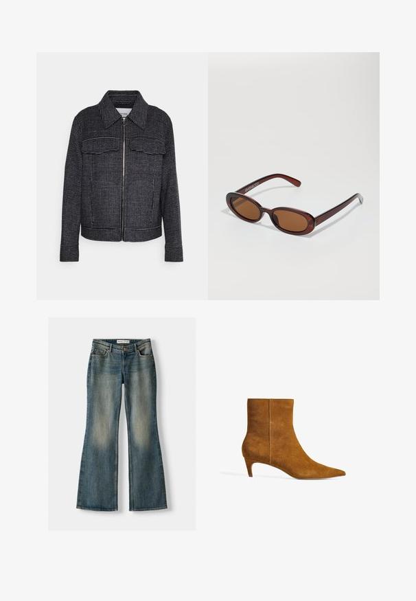 Giacca a fantasia houndstooth bianco e nero, con zip frontale, colletto e due tasche sul petto, dalla vestibilità strutturata.; Top corto bianco a maniche lunghe realizzato in tessuto morbido. Presenta un colletto rotondo e un design semplice ed elegante senza alcun motivo o decorazione.; Jeans flare blu con lavaggio sbiadito, cinque tasche e chiusura con bottone. Il materiale presenta una trama in denim con dettagli di cucitura sottili.; Stivale alla caviglia in suede marrone con punta affilata e tacco basso a rocchetto. Il design presenta una texture liscia e una tomaia senza cuciture.; Occhiali da sole rotondi con tonalità marrone, montatura lucida color bordeaux. Aste sottili con un sottile dettaglio del marchio. Design delle lenti piatte.; Borsa hobo in suede marrone con una forma morbida, caratterizzata da un manico curvo e dettagli a pannello triangolare su parte anteriore e posteriore.