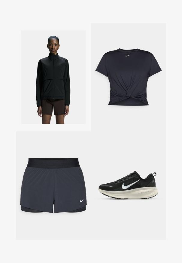 Schwarze, leichte Sportjacke mit Reißverschluss, hohem Kragen und langen Ärmeln. Sie verfügt über eine glatte Textur und ein minimalistisches Design.; Schwarzes Sport-T-Shirt aus glattem Stoff, mit einem geknoteten Vorderdesign und einem kleinen weißen Nike-Logo auf der Brust.; Schwarze Sportshorts mit elastischem Bund, ausgestattet mit einem geschichteten Design und einem kleinen weißen Nike-Logo unten links. Leichtes Material.; Schwarzer Nike-Laufschuh mit atmungsaktivem Mesh-Obermaterial, weißem Swoosh-Logo, strukturierten Details und einer cremefarbenen ZoomX-Zwischensohle.