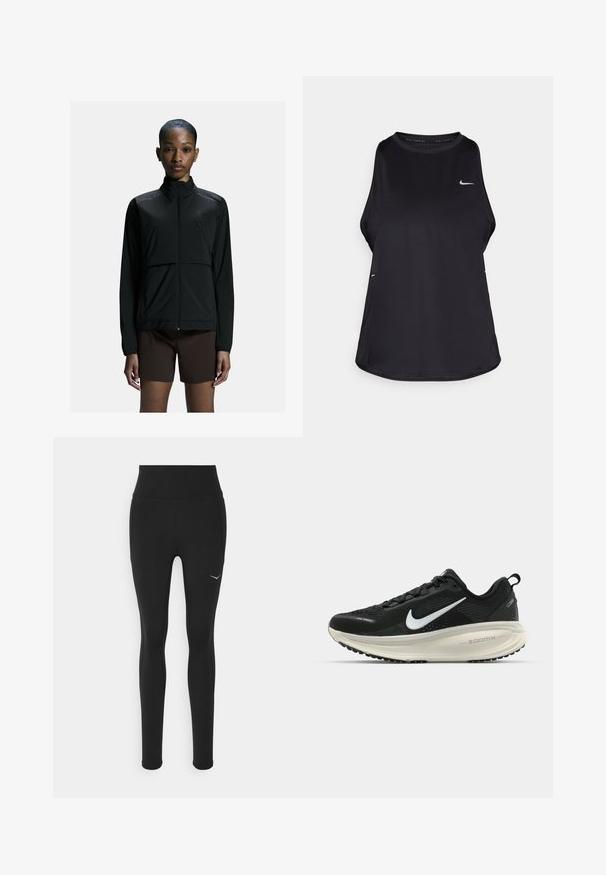 Melnā vieglā sporta jaka ar rāvējslēdzēju priekšā, augstu apkakli un garām piedurknēm. Tam ir gluda tekstūra un minimālisma dizains.; Melna bezruku skriešanas kreklu, kas izgatavots no viegla materiāla ar apaļu kakla izgriezumu; tam ir diskrēta logo un sānu šķirbes gaisa caurlaidībai.; Melnas legingu bikses ar augstu jostasvietu, izgatavotas no elastīga materiāla. Izkādes detaļas ar mazu baltu logotipu kreisajā pusē.; Melnas Nike skriešanas kurpes ar elpojošu acs augšdaļu, baltu Swoosh logotipu, strukturētu apdari un krēmkrāsas ZoomX starpsole.