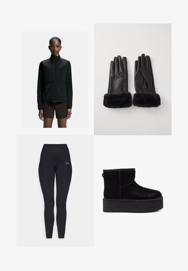 Melnā vieglā sporta jaka ar rāvējslēdzēju priekšā, augstu apkakli un garām piedurknēm. Tam ir gluda tekstūra un minimālisma dizains.; Melna, garām piedurknēm īsā blūze ar augstu apkakli. Izgatavota no gludas, pieguļoša materiāla bez redzamām rakstu vai akcentu detaļām.; Melnas legingi ar augstu jostas daļu, izgatavoti no gludas, elastīgas auduma. Tiem ir neliels logotipa elements netālu no jostas daļas.; Melni zamšas potītes zābaki ar biezu platformas zoli un mīkstu oderi. Pabeigti ar šuvju akcentiem un aizmugurējo cilpu vieglai uzvilkšanai.; Pieces PCRUJIA SMART GLOVES - Cimdi - black