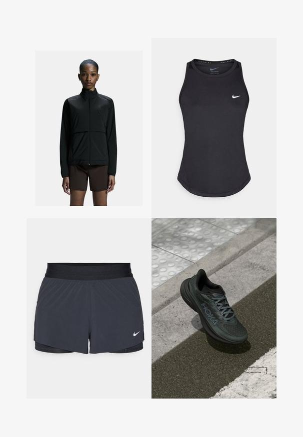 Zwarte lichtgewicht sportjack met een ritssluiting aan de voorkant, hoge kraag en lange mouwen. Kenmerkt zich door een gladde textuur en een minimalistisch ontwerp.; Zwarte sporttanktop gemaakt van vochtregulerend materiaal. Heeft een ronde hals, een smalle pasvorm en het witte Nike-logo op de borst.; Zwarte sportshorts met een elastische tailleband, met een gelaagd ontwerp en een klein wit Nike-logo aan de onderkant links. Lichtgewicht materiaal.; Zwarte hardloopschoen met mesh bovenwerk, getextureerde accenten en logo, met een gevoerde zool en grijze veters, geplaatst op het trottoir.