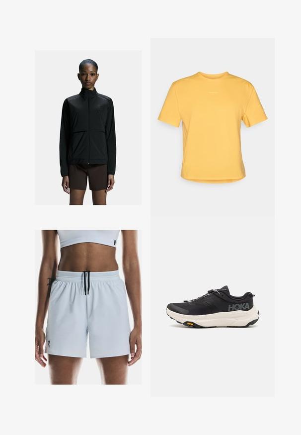 Black lightweight athletic jacket with a zip front, high collar, and long sleeves. Features a smooth texture and minimalistic design.; Yellow short-sleeve T-shirt with a round neckline, made of soft fabric. Features a subtle logo at the chest and a straight hem.; Light blue athletic shorts with an elastic waistband, adjustable black drawstring, and side slits for flexibility. Brand logo in black.; Black athletic shoes with a breathable mesh upper, rubber outsole, white cushioning midsole, and reflective laces. Vibram logo on outsole.