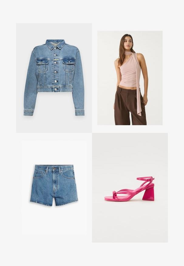 Kratka denim jakna v svetlo modri barvi z gumbi spredaj, dvema žepoma na prsih in kovinskimi gumbi. Ima šivane detajle na rokavih.; Asimetrična roza majica z nabranimi detajli, ki vključuje dolg šal. V kombinaciji z rjavimi širokimi hlačami. Mehka tkanina, minimalističen dizajn.; Jeans kratke hlače v svetlo modri barvi, z povezavami za pet žepov, zadrgo in gumbom. Rob je razfrcan, oblikovane so v sproščenem kroju.; Roza lakasta usnjena sandala na peto s kvadratnim prstom, ozkimi trakovi in geometrijsko blok peto. Ima značilen zaponko na traku.