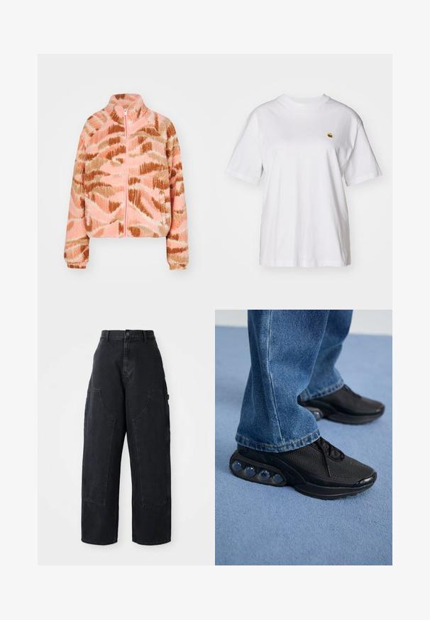 Roxy BLURRY CLOUD - Fleecejas - candlelight peach dune; Witte katoenen t-shirt met een relaxte pasvorm, korte mouwen en een klein geborduurd logo op de linkerborst.; Zwarte denim cargo broek met wijde been, hoge taille, twee grote voorkanten zakken en een knoopsluiting bij de taille. Soepele textuur, casual ontwerp.; Zwarte sportieve sneakers met een bovenwerk van mesh, gestructureerde accenten en zichtbare luchtkussentjes in de zool. Gedragen met blauwe denim jeans.