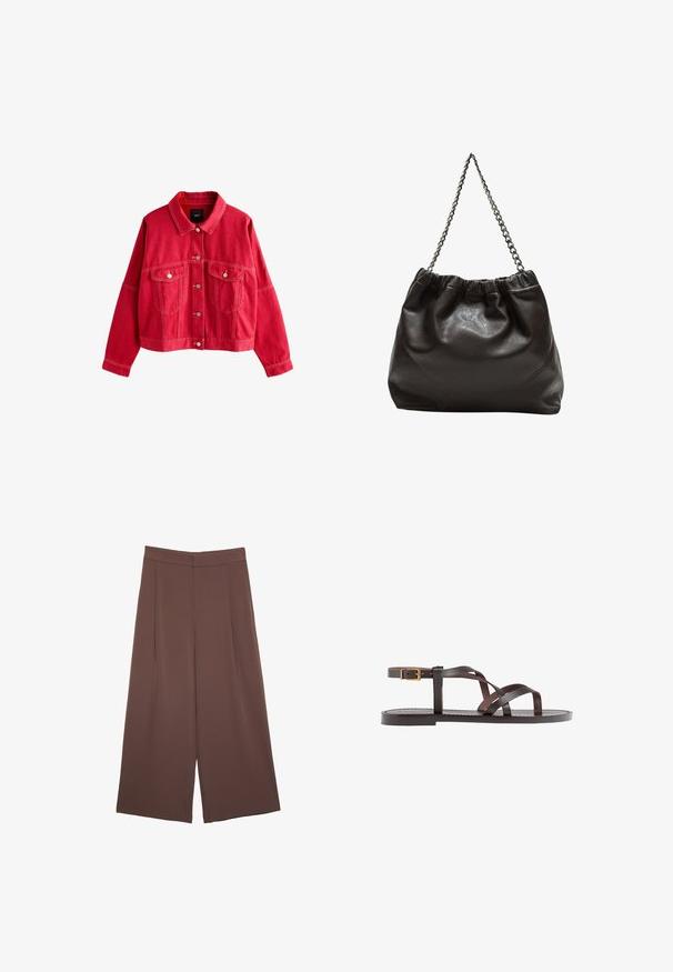 Rote Jeansjacke mit einem Kragen, vorderen Taschen und Knopfverschluss. Hat markante Nähte und eine lockere Passform.; Dunkelbrauner Strickpullover mit Rundhalsausschnitt, überschnittenen Schultern, gerippten Bündchen und Saum, der eine weiche Textur und eine entspannte Passform aufweist.; Braune Weite-Leg-Hosen mit einer glatten Textur, hoher Taille und Vorderfalten. Der Stoff ist leicht und fällt locker.; Braune Leder-Sandale mit überkreuzten Riemen, einem Knöchelriemen mit Schnalle und einer flachen Sohle mit minimalen Nähdetails.; Braune Lederhandtasche mit gerafftem Oberteil und Kettenriemen. Glatte Textur mit glänzendem Finish und subtilen Nahtdetails an den Seiten.