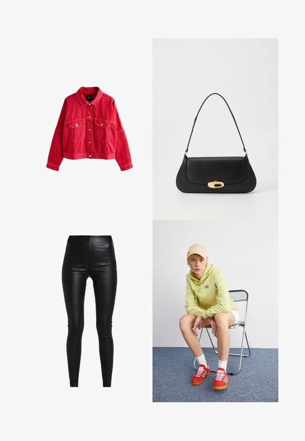 Červená riflová bunda s golierom, prednými vreckami a gombíkovým zapínaním. Má výrazné prešívanie a voľný strih.; Sivý pletený rolák s uvoľneným strihom, rebrovanými manžetami a spodným lemom a štruktúrovanou väzbou. Chrbát je jednoduchý bez ďalších detailov.; Čierne legíny z umelého kože s vysokým pásom, priliehavým strihom, hladkou textúrou a bez viditeľných švov alebo ozdôb.; Svetlozelená mikina s logom, biele šortky, červené tenisky s bielymi pruhmi, sediaca na chrómovej skladacej stoličke proti neutrálnemu pozadiu.; Čierna kožená kabelka s prehnutým dizajnom, zlatými kovovými detailmi a horným uchom. Má elegantné zatvorenie a hladký povrch.