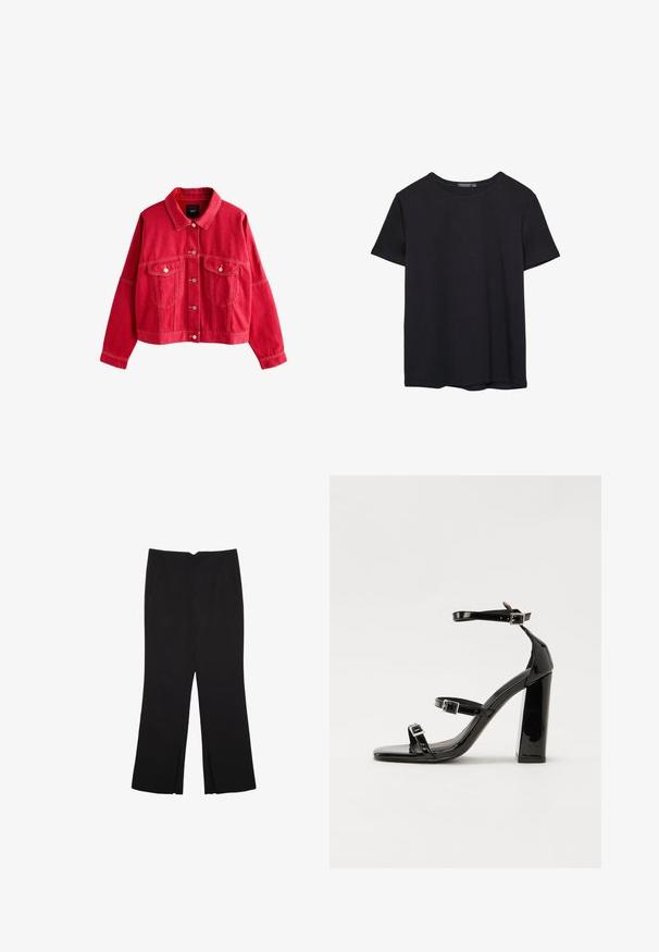 Rote Jeansjacke mit einem Kragen, vorderen Taschen und Knopfverschluss. Hat markante Nähte und eine lockere Passform.; Einfaches schwarzes T-Shirt aus Baumwolle mit kurzen Ärmeln und Rundhalsausschnitt, auf einem weißen Hintergrund dargestellt.; Schwarze Hose mit geradem Schnitt, ausgestattet mit Fronttaschen und Seitenschlitzen am Saum. Hergestellt aus weichem, glattem Stoff. Geeignet für verschiedene Anlässe.; Schwarze Lackleder-Sandalen mit hohen Absätzen, zwei Riemen mit Schnallen, quadratischer Zehenpartie und klobigem Blockabsatz, mit einer glatten, glänzenden Textur.