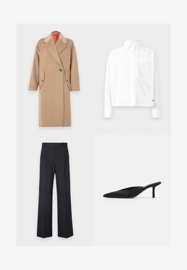 Beige wool overcoat with a notched collar, single button closure, and two angled patch pockets. Soft texture, straight silhouette.; White long-sleeve button-up shirt with a pointed collar, single chest pocket, and cuffed sleeves. Made of smooth, lightweight fabric.; Dark blue pinstriped trousers with a high waist, wide leg design, and no visible hardware or embellishments. Smooth texture and tailored fit.; Black pointed-toe mule with a sleek design, made of smooth fabric, featuring a slender heel and open back for easy wear.
