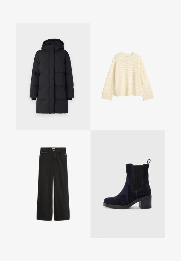 Melna pūkaina jaka ar kapuci, kurai ir izšūta dizaina, garām piedurknēm, priekšējā rāvējslēdzēja aizdare un elastīgas aproces. Gluda, strukturēta auduma.; Krēmkrāsas adīta džemperis ar teksturētu zoss zābaka rakstu, apaļu kakla izgriezumu un ribu aprocēm un apakšmalai. Kaste forma ar kritušiem pleciem.; Plašas kāju melnas denima bikses ar augstu jostasvietu. Iespējo piecas kabatas, metāla detaļas un gludu apdari. Audums ir mīksts un patīkams uz tausti.; Jūras zilas zamšādas potītes zābaki ar elastīgu sānu paneļu, noapaļotu purngalu un bloku papēdi. Tekstūrizēta auduma un gludas zoles salīdzinājums.