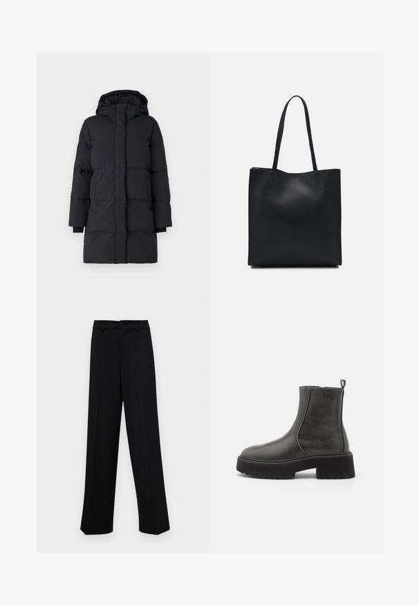 Schwarze Puffy-Jacke mit Kapuze, ausgestattet mit einem gesteppten Design, langen Ärmeln, einem durchgehenden Reißverschluss und elastischen Bündchen. Glattes, strukturiertes Material.; Schwarzer, gerippter, langärmliger, taillierter Pullover mit Rundhalskragen, vor einem schlichten, hellen Hintergrund präsentiert.; Schwarze, weit geschnittene Hosen aus glattem Stoff, mit einem klassischen Taillenbund und einem Knopfverschluss sowie vorderen Falten.; Schwarze Knöchelstiefel mit einem glatten synthetischen Obermaterial, elastischen Seitenpaneelen, einer Zuglasche und einer klobigen Gummisohle.; Schwarze Laptoptasche aus Leder mit glatter Textur, rechteckiger Form und zwei langen Griffen. Keine sichtbaren Beschläge oder Verzierungen.