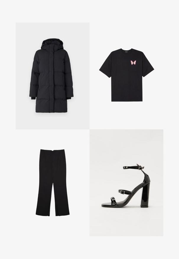 Sort puffersede med hætte, der har et kviltet design, lange ærmer, lynlås foran og elastiske manchetter. Glat, struktureret stof.; Sort bomulds T-shirt med korte ærmer, prydet med en lille pink sommerfugl grafik på venstre bryst. Rund hals design med en afslappet pasform.; Sorte bukser med lige pasform, der har frontlommer og slidser i kanten. Lavet af blødt, glat stof. Velegnet til forskellige anledninger.; Sorte laklædersandaler med høje hæle, to spænderemme, firkantet tå og en kraftig blokhæl, der har en glat, blank overflade.