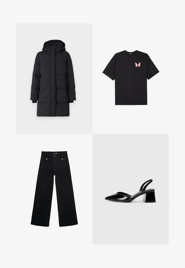 Sort puffersede med hætte, der har et kviltet design, lange ærmer, lynlås foran og elastiske manchetter. Glat, struktureret stof.; Sort bomulds T-shirt med korte ærmer, prydet med en lille pink sommerfugl grafik på venstre bryst. Rund hals design med en afslappet pasform.; Sorte vidde jeans med høj talje, der har to forlommer og metalknapdetaljer. Stoffet har en glat tekstur.; Sorte patentlæder slingback hæle med spids tå og en geometrisk blok hæl. Har et elegant, minimalistisk design og en glat tekstur.