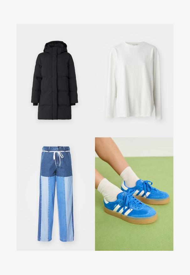 Must must jacket, mille, disainiga, pikkade varrukatega, esise paelaga ja elastsete mansettidega. Sile, tekstureeritud kangas.; Valge pika varrukaga t-särk, mis on valmistatud puuvillast, millel on ümmargune kaelus, langetatud õlad ja diskreetne logo rinnal. Pehme tekstuur.; Sinised teksapüksid, millel on erinevatest sinistest toonidest kokku õmmeldud mustriga, paelavöö ja laiad, sirged sääred.; Sinine nubukist sneakerite jalanõud valgete triipudega, kummist talla, ümarate varvaste ja kangast paeltega. Kombineeritud kreemivärvi sokkidega rohelisel pinnal.