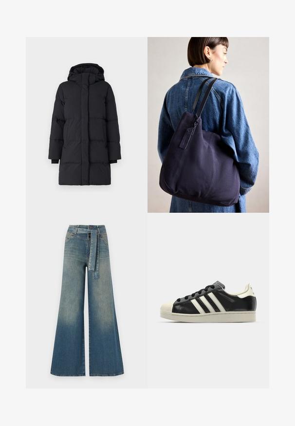 Sort puffersede med hætte, der har et kviltet design, lange ærmer, lynlås foran og elastiske manchetter. Glat, struktureret stof.; Lys beige kortærmet t-shirt, lavet af blødt bomuld. Har en rund halsudskæring og en løs pasform med opfoldede ærmer. Minimalistisk design.; Bredbens-denimbukser med en lys til mørk blå gradient, høj talje, bælteløkker og et matchende stofbælte. Tekstureret denimfinish.; Sort lædersneakers med hvide striber, gummitåkap, sorte snørebånd og en cremefarvet ydersål. Glat tekstur med blank overflade.; Marineblå canvas skuldertaske med en blød, struktureret form, der har en sort rem, syede detaljer og et lille mærke.