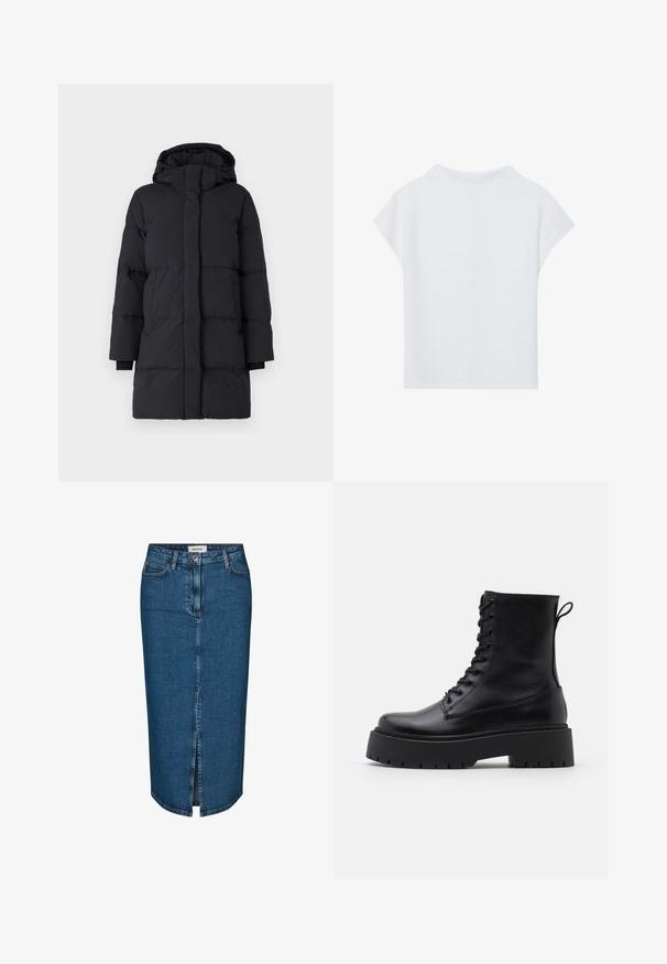 Black puffer coat with a hood, featuring a quilted design, long sleeves, front zip closure, and elastic cuffs. Smooth, textured fabric.; White short-sleeve top featuring a relaxed fit, lightweight texture, and rounded neckline. Back view shows smooth, simple design.; Denim pencil skirt in dark blue, featuring a front slit, five pockets, and contrasting stitching. Mid-rise waist with a classic design.; Black leather ankle boots with a round toe, lace-up front, and a thick rubber sole featuring a textured tread. Pull tab at the back.