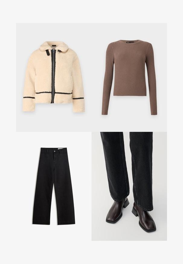 Kremasti lažni jastučić jakna s prednjim patentnim zatvaračem, crnim detaljima i ovratnikom. Ima opušteni kroj i duge rukave.; Smeđi, rebrasti pulover dugih rukava s okruglim izrezom i prilagođenim krojem. Izrađen od mekog materijala, s teksturiranim završetkom.; Crne široke traperice s visokim strukom, s prednjim i stražnjim džepovima, šivenim šavovima i kopčanjem na gumb. Glatka tekstura.; Smeđe kožne gležnjače sa četvrtastim vrhom i blok potplatom, uparenim s crnim širokim trapericama. Glatka tekstura i minimalistički dizajn.