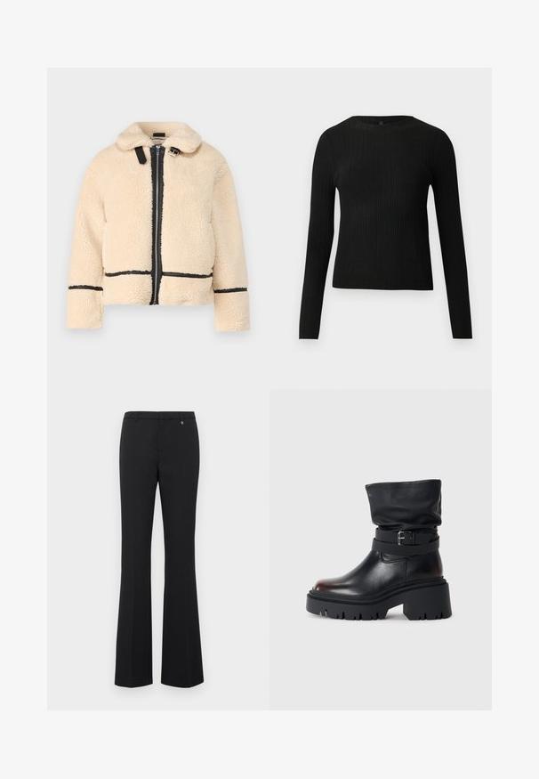 Casaco de pelúcia falso de cor creme com fecho frontal em zíper, detalhes em preto e colarinho. Apresenta um corte descontraído e mangas longas.; Suéter preto de mangas compridas com textura canelada, justo ao corpo, com um decote redondo, exibido contra um fundo claro e liso.; Calças pretas largas feitas de tecido suave. Cintura média com passantes para cinto, frente lisa e um pequeno detalhe em ouro perto da cintura.; Bota de tornozelo em couro preto com parte superior solta, detalhe em fivela e sola grossa e resistente. Apresenta bico redondo e textura suave.