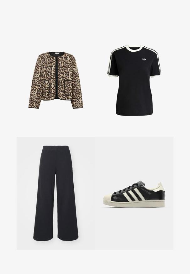 Leopard print quilted jacket with a round neckline, black piping, and two front pockets; features a soft, textured surface.; Black cotton t-shirt with white accents on the collar and sleeves, featuring three white stripes on each shoulder and a small logo on the chest.; Black wide-leg sweatpants made from soft fabric, featuring an elastic waistband and a small logo on the left side.; Black leather sneaker with white stripes, rubber toe cap, black laces, and a cream-colored outsole. Smooth texture with shiny finish.