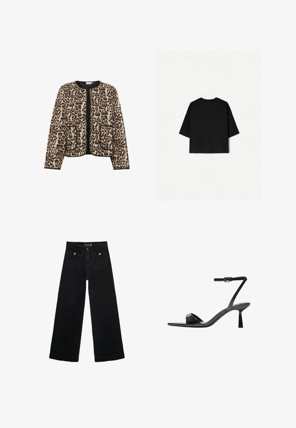 Leopardenmuster Steppjacke mit Rundhalsausschnitt, schwarzem Besatz und zwei Vorderaschen; verfügt über eine weiche, strukturierte Oberfläche.; Schwarzes Oversized-T-Shirt mit kurzen Ärmeln, Rundhalsausschnitt und geradem Saum. Hergestellt aus weicher Baumwolle mit glatter Textur. Nur Rückansicht.; Schwarze, weit geschnittene Jeans mit hoher Taille, die zwei Fronttaschen und metallene Knopfakzente aufweist. Der Stoff hat eine glatte Textur.; Bershka High Heel Sandalette - black