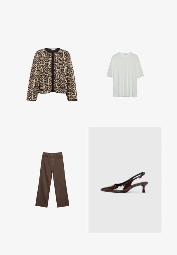 Jakna s uzorkom leoparda, vată s okruglim izrezom, crnim obrubom i dva prednja džepa; ima mekan, teksturiran površinski sloj.; Bijela kratka t-shirtica s kratkim rukavima, okrugli izrez, mekan pamukasti materijal, opušteni kroj, bešavni rub, minimalistički dizajn bez ukrasa.; Proširene smeđe traperice od denima, s visokim strukom, prednjim džepovima i klasičnom kopčom na dugme. Glatka tekstura s suptilnim šavovima.; Smeđe patentne kožne cipele s otvorenom petom, špicastim vrhom i umjerenom petom. Imaju remen s kopčom za sigurno pristajanje. Glatka tekstura.