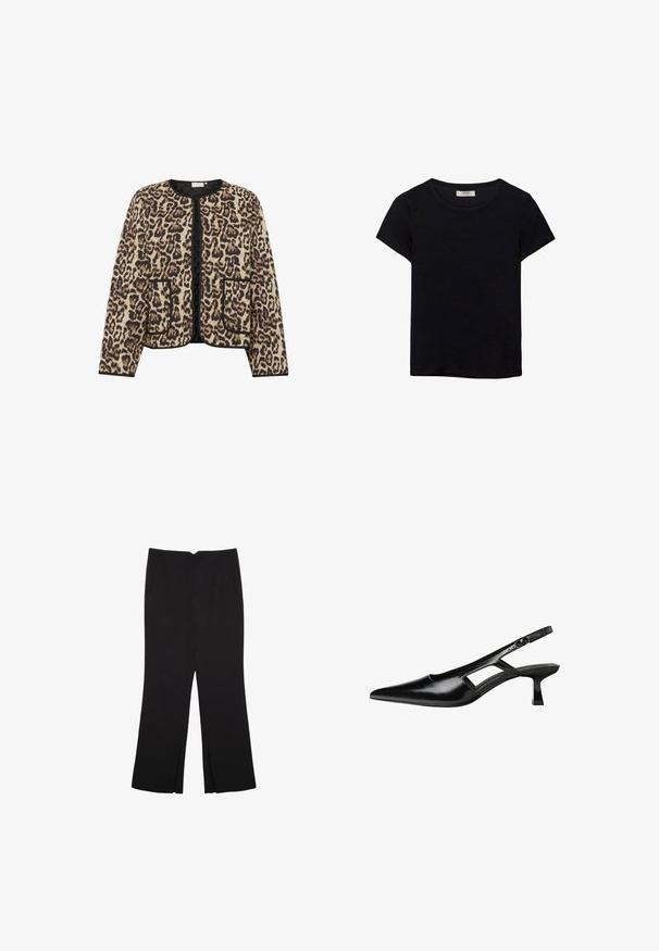 Giacca trapuntata leopardata con scollo rotondo, piping nero e due tasche frontali; presenta una superficie morbida e testurizzata.; T-shirt nero a maniche corte realizzato in tessuto morbido. Presenta un classico collo rotondo e una vestibilità rilassata. Nessun motivo o accento visibile.; Pantaloni neri a gamba dritta, con tasche frontali e spacchi laterali all'orlo. Realizzati in tessuto morbido e liscio. Adatti a diverse occasioni.; Tacchi slingback in pelle verniciata nera con punta affusolata, design con tagli laterali e tacco quadrato piccolo. Texture liscia con dettagli minimi.