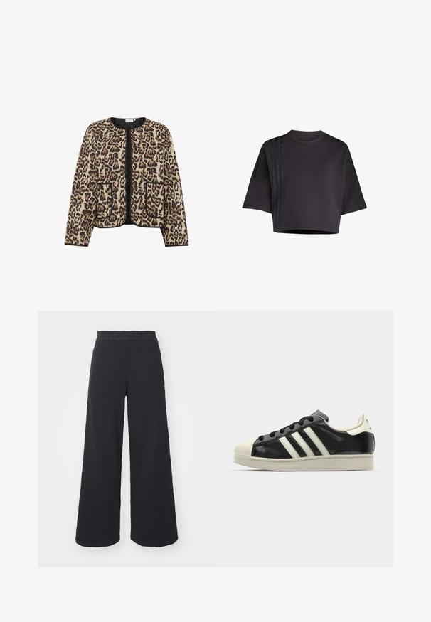 Leopard print quilted jacket with a round neckline, black piping, and two front pockets; features a soft, textured surface.; Black cropped t-shirt with a round neck, loose short sleeves, featuring vertical satin stripe accents on the left side. Smooth texture.; Black wide-leg sweatpants made from soft fabric, featuring an elastic waistband and a small logo on the left side.; Black leather sneaker with white stripes, rubber toe cap, black laces, and a cream-colored outsole. Smooth texture with shiny finish.