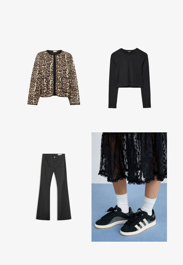 Leopardprint gewatteerde jas met een ronde hals, zwarte bies en twee vozakken; heeft een zachte, gestructureerde oppervlakte.; Zwarte lange mouwen cropped top met ronde halslijn, eenvoudige ontwerp en een licht gebogen zoom.; Zwarte flared jeans van denim met een gladde textuur, voorzien van twee achterzakken en een knoopsluiting bij de taille.; Zwart kantrokje omlijst witte sokken en zwarte schoenen met lichtgrijze strepen op een blauwe achtergrond, wat een stijlvolle casual look benadrukt.