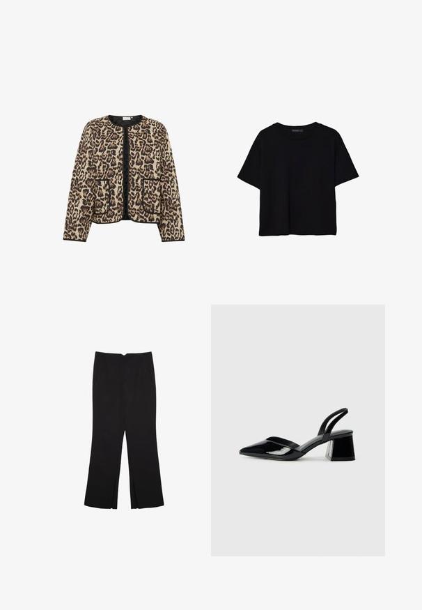 Bundi s leopardím vzorem, prošívaná, s kulatým výstřihem, černým lemováním a dvěma předními kapsami; má měkký, strukturovaný povrch.; Černé tričko s krátkým rukávem vyrobené z bavlny. Má kulatý výstřih a volný střih s hladkým, jednobarevným povrchem. Bez viditelných vzorů nebo akcentů.; Černé kalhoty s rovným střihem, s předními kapsami a bočními rozparky na lemu. Vyrobené z jemné, hladké tkaniny. Vhodné na různé příležitosti.; Černé lakované kožené lodičky na pásku s špičatou špičkou a geometrickým blokovým podpatkem. Vyznačují se elegantním, minimalistickým designem a hladkým povrchem.