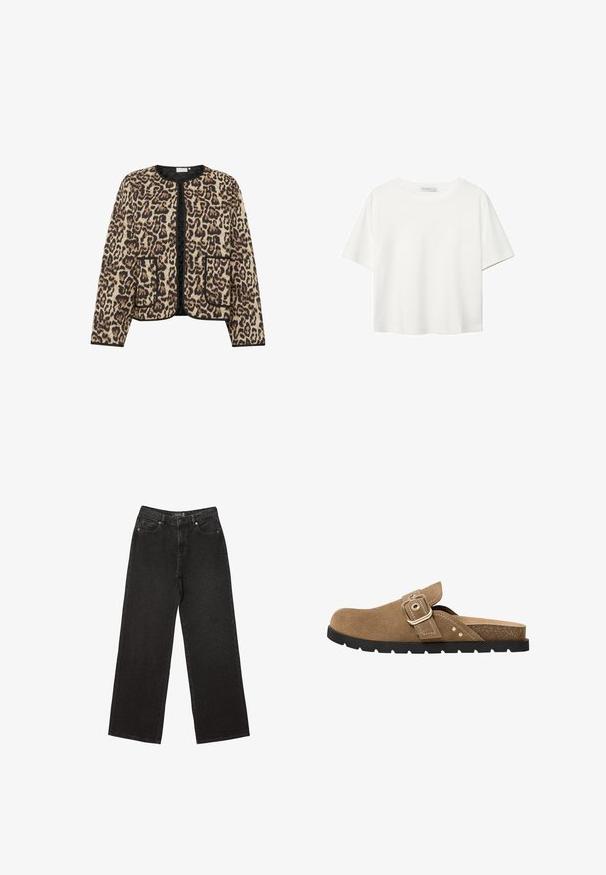 Leopardi-kuosisella vuorella varustettu takki, jossa on pyöreä kaula-aukko, mustat reunukset ja kaksi etutaskua; takissa on pehmeä, teksturoitu pinta.; Valkoinen lyhythihainen T-paita, joka on tehty puuvillasta. Siinä on pyöreä kaula-aukko ja rento malli. Silkkinen pinta ilman näkyviä kuvioita tai koristeita.; Mustat leveät farkut, jotka on valmistettu denimestä ja joissa on pieniä pistekuvioita, perinteinen viisi-taskuinen muotoilu sekä nappi- ja vetskarihyttys.; Ruskohi vaaleanruskea mokkasandaali, jossa on pyöreä kärki, säädettävä solkiremmi ja teksturoidut sisäpohjat. Varustettu mustalla kumiulkopohjalla, jossa on uurteita.