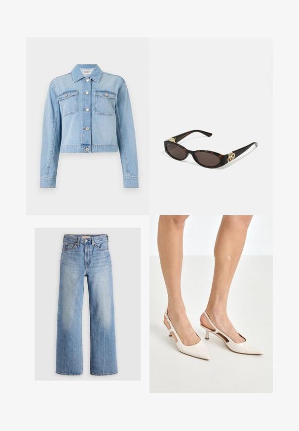 Helehelesinine teksajakk, millel on lühendatud disain, kaks rinnakotti, hõbedased nupud ja juhuslikult laiali asetatud sädelevad kivid.; Pikad varrukad ja kõrge kaelusega t-särk heleda beeži värviga. Valmistatud pehmest, elastse kangaga, millel on lõdvestatud lõige ja voltidega kaelus.; Heledad sinine teksariidest laiad püksid, kõrge vöökoht, pleekinud alad, viis taskut ja kontrastne õmblus. Klassikaline nööp ja tõmblukk.; Beesek patentnaha slingback kontsad 5 cm kontsaga, millel on terav nina ja lõigatud külgedega ning õhuke pahkluu rihm.; Kilpkonnakilbi stiilis prillid piklik-ovaalsete läätsede, pruunika tooniga, kuldsete logo aktsentidega templitel ja elegantsed mustad varred.; Kumer kuju kreemjas nahast kott ühe rihmaga, kuldse riistvaraga ja diskreetse brändinguga põhjas. Üksik tõmblukk ülevalt servast.