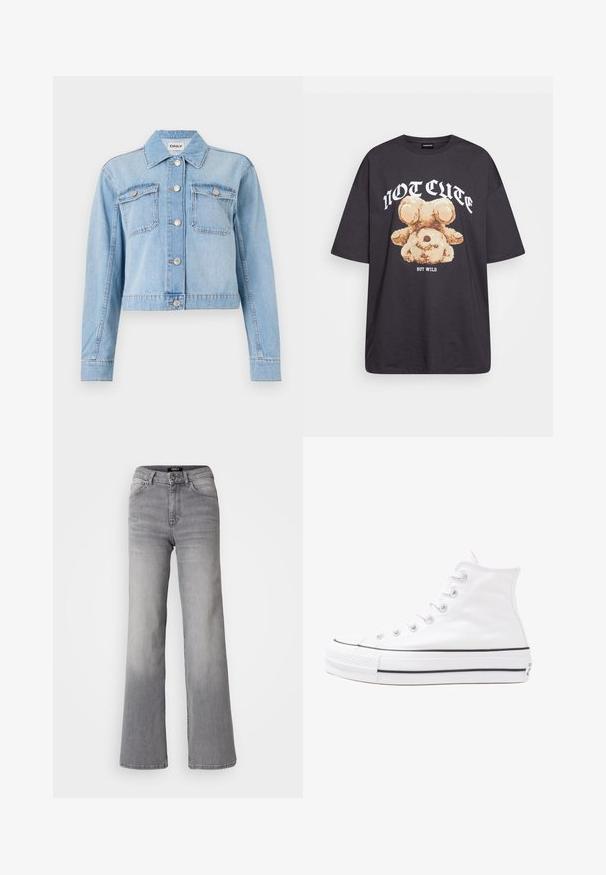 Helehelesinine teksajakk, millel on lühendatud disain, kaks rinnakotti, hõbedased nupud ja juhuslikult laiali asetatud sädelevad kivid.; Musthave musta t-särk, millel on karu graafika ja tekst "EI NII NÄDALA, KUID MÄRG" paksult valgete tähtedega. Puuvillane materjal.; Kõrge vöökoht, sirged hallid teksad, millel on ees nupp ja lukku, ees ja taga taskud ning hägune varjund reitel ja sääremarjadel.; Valge kõrgem kangast tenniseking, millel on must kummist tald, ees kummist varvasetugi ja kuus aukku paelte jaoks, pakkudes puhta ja minimalistliku disaini.