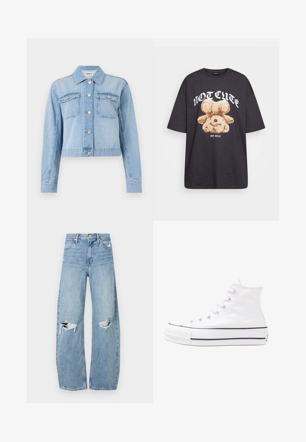 Gaiši zils džinsus jaka ar īsu dizainu, kurai ir divi krūšu kabatas, sudraba pogas un izkaisīti rhinestone rotājumi.; Melna, pārmērīga t-kreklu, kurā attēlots lācis ar uzrakstu "NAV MIERĪGS, BET VILKIS" treknos baltos burtiem. Izgatavots no kokvilnas materiāla.; Gaiši zili, augstās vidukļa džinsi, kas izgatavoti no denima. Iespējas plašas kājas, divas plēstas ceļa daļas un klasiskā piecu kabatu dizains.; Balti augstie kanvas sporta apavi ar melnu gumijas zoli, priekšējo gumijas purngalu un sešām acīm lencēm, kuriem ir tīrs, minimālistisks dizains.