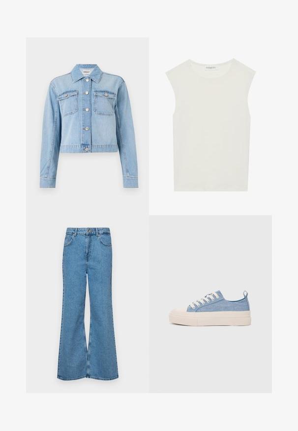 Jachetă din denim de culoare albastru deschis, cu un design scurt, având două buzunare la piept, nasturi argintii și aplicații de strass împrăștiate.; Top alb fără mâneci, cu decolteu rotund. Fabricat dintr-un material neted, prezintă o croială lejeră și un design minimalist. Fără modele sau accente.; Jeanși evazați de culoare albastru deschis, din denim, cu talie înaltă, cinci buzunare și închidere cu un singur buton. Textură moale cu un finisaj decolorat.; Sneakers din pânză de culoare albastru deschis, cu vârf și talon din cauciuc crem, având șireturi albe și un maner pe călcâi.