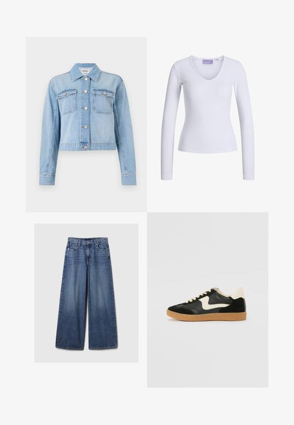 Jachetă din denim de culoare albastru deschis, cu un design scurt, având două buzunare la piept, nasturi argintii și aplicații de strass împrăștiate.; Bluză albă cu mâneci lungi, cu textură canelată și decolteu în V. Etichetă vizibilă în interiorul gâtului cu numele brandului "JJXX."; Blugi din denim albastru cu picioare largi, având un finisaj uzat, cu închidere prin buton și fermoar, cinci buzunare și curea.; Tenisi din suede și piele negri cu un swoosh lateral de culoare crem și călcâi de un crem deschis. Prezintă șireturi bej și o talpă din rubber de tip gum.