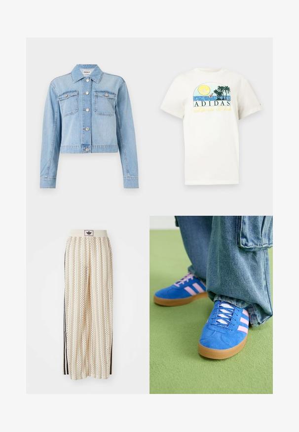 Svijetloplava traper jakna s krojenjem, koja ima dva džepa na prsima, srebrne gumbe i nasumične ukrase od rhinestone-a.; Bijela pamučna majica s grafičkim dizajnom na kojem su sunce, palme i voda. Ispisano "ADIDAS Sports Club" u zelenoj i žutoj boji.; Pantalone širokog kroja krem boje s zigzag uzorkom, koji sadrži sivi pojas s crnim logotipom i bočne crne pruge. Lagani, teksturirani materijal.; Plave zamšne cipele s ružičastim prugama i bijelim vezicama, s gumenim potplatom, u kombinaciji s širokim trapericama na zelenoj podlozi.