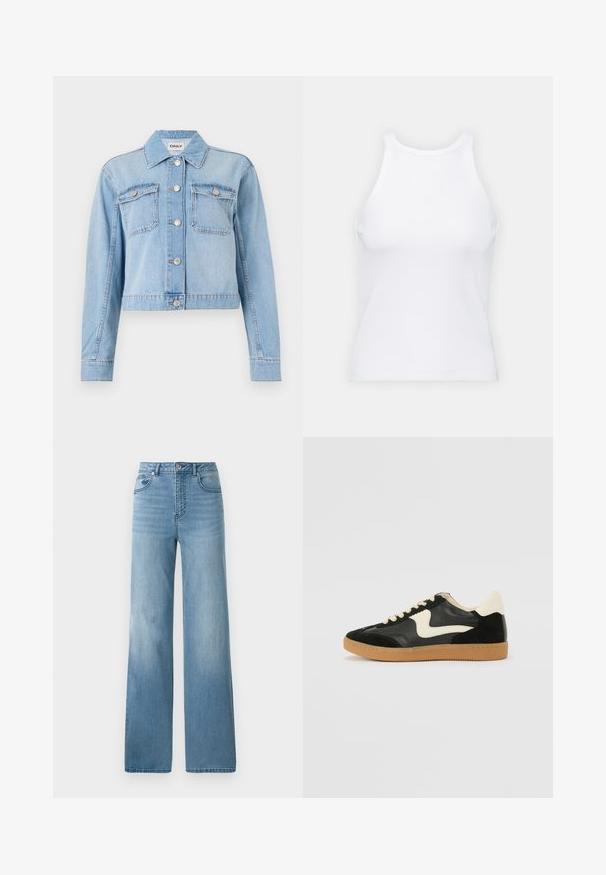 Jachetă din denim de culoare albastru deschis, cu un design scurt, având două buzunare la piept, nasturi argintii și aplicații de strass împrăștiate.; Top alb fără mâneci, confecționat din material ribbed, prezentând un decolteu rotund și o siluetă ajustată, cu cusături minime și fără ornamente.; Jeans decolorare deschisă, cu talie înaltă, cu un design drept. Confeționate din denim, cu cinci buzunare și închidere cu nasturi.; Tenisi din suede și piele negri cu un swoosh lateral de culoare crem și călcâi de un crem deschis. Prezintă șireturi bej și o talpă din rubber de tip gum.