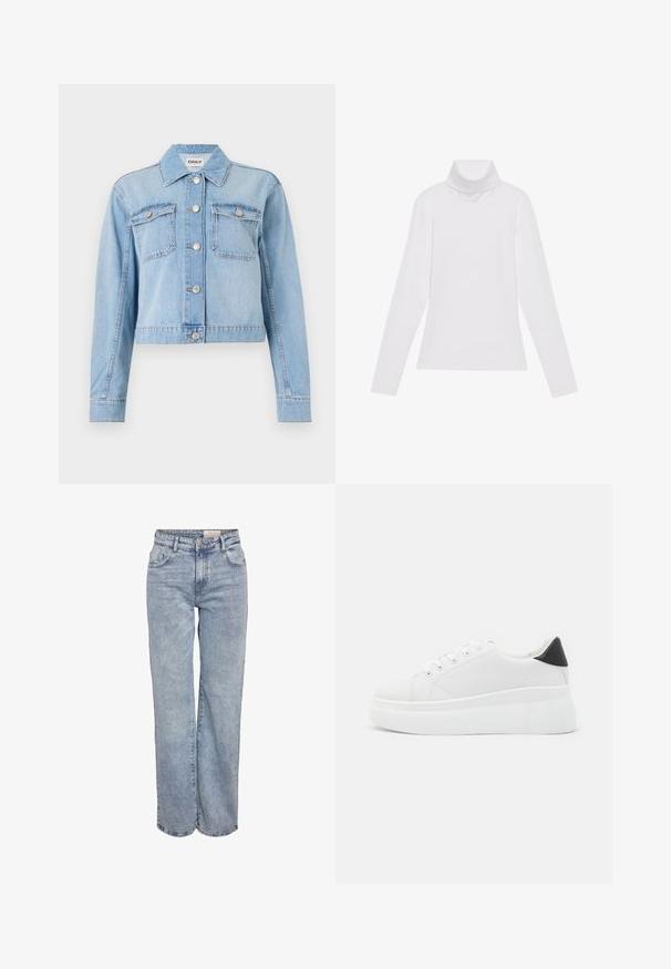 Lys blå denimjakke med en cropped design, som har to brystlommer, sølvknapper og spredte rhinestone-pynter.; Hvit langermet høyhalset topp laget av glatt, elastisk stoff. Har høy krage og tettsittende design, uten synlige mønstre eller dekorasjoner.; Lys blå vide jeans laget av denim, med høy midje, fem-lommers design og subtile falminger for et slitt utseende.; Hvite plattform sneakers laget av glatt syntetisk materiale, med rund tå, snøring og en strukturert gummisåle. Svart hæl akcent.