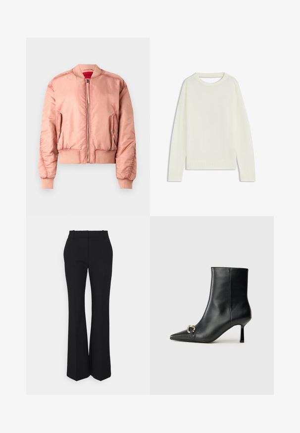 Giacca bomber rosa con un tessuto liscio e lucido, polsini e orlo ribattuti, chiusura frontale con zip e tasche laterali. Rivestita con un interno rosso brillante.; Maglione color crema chiaro con collo tondo, maniche lunghe, orlo a costine e una consistenza morbida. Nessun motivo o dettagli hardware visibili.; Pantaloni neri plissettati con un taglio dritto, realizzati in un tessuto morbido. Presentano una vita alta e tasche laterali invisibili.; Stivale alla caviglia in pelle nera con punta affusolata, tacco sottile di media altezza e dettaglio in fibbia argentata sul lato, su sfondo semplice.