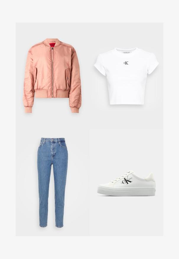 Pink bomberjakke med en glat, blank overflade, ribbede håndled og kant, lynlåslukning foran og sidelommer. Foret med en lys rød inderside.; Hvid cropped t-shirt lavet af ribbet stof. Har en rund halsudskæring og korte ærmer. Sort broderet "cK" logo på brystet.; Blå højtaljede lige jeans med frontknap og lynlås, bæltestropper og lommer, præsenteret på en ensfarvet hvid baggrund.; Hvide platform sneakers med glat syntetisk overdel, tonede snørebånd og et sort logo. Den forhøjede gummisål har vandrette riller for bedre greb.