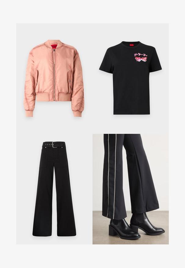Różowa bomberka z gładkiego, błyszczącego materiału, z prążkowanymi mankietami i dołem, z zapięciem na zamek z przodu oraz kieszeniami po bokach. Wyposażona w jasnoczerwoną podszewkę.; Czarna bawełniana koszulka z krótkim rękawem, z różowym graficznym wzorem okularów przeciwsłonecznych i napisem "Nie Twoja Dziewczyna" po lewej stronie klatki piersiowej.; Czarne spodnie o szerokich nogawkach wykonane z bawełny, z wysokim stanem, dużymi bocznymi kieszeniami i paskiem w talii z akcentami w kolorze srebrnym.; Czarne skórzane botki za kostkę na słupku, z elastycznymi panelami po bokach. Połączone z czarnymi spodniami z białym paskiem po boku.