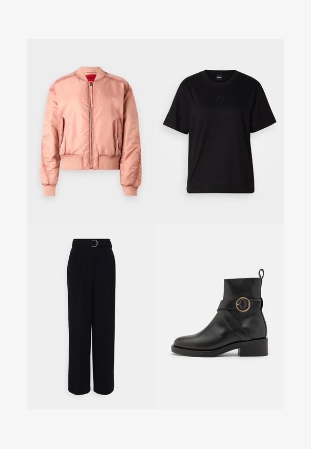 Pink bomber jacket with a smooth, shiny fabric, ribbed cuffs and hem, front zip closure, and side pockets. Lined with a bright red interior.; Black cotton t-shirt with a crew neckline, short sleeves, and an embroidered logo on the chest. Simple, relaxed fit with no patterns.; Black tailored pants with a wide-leg silhouette, featuring a belt with a silver buckle, pleats, and a smooth fabric texture.; BOSS IRYNA BOOTIE - Platform ankle boots - black