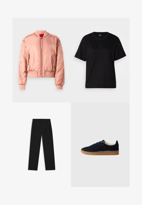 Veste bomber rose avec un tissu lisse et brillant, des poignets et un ourlet côtelés, une fermeture éclair à l'avant et des poches latérales. Doublée d'un intérieur rouge vif.; T-shirt en coton noir avec un col rond, des manches courtes et un logo brodé sur la poitrine. Coupe simple et décontractée sans motifs.; Pantalons larges noirs en tissu lisse, dotés de poches latérales et d'une taille plate à l'avant pour un look épuré.; Baskets en daim marine avec une semelle en caoutchouc gomme, des lacets bleus et un design minimaliste. Présentent un logo embossé sur le côté et une doublure intérieure lisse.
