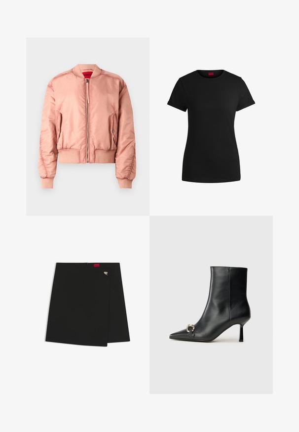 Giacca bomber rosa realizzata in materiale liscio e lucido. Presenta polsini e orlo a coste, chiusura con zip e tasca laterale. Fodera interna rossa.; T-shirt in cotone nero con maniche corte arrotolate, scollatura rotonda e etichetta rossa. Texture liscia, forma aderente con dettagli minimi.; Gonna nera avvolgente con una texture liscia, caratterizzata da un'etichetta rossa e un accessorio in metallo argento. Design semplice con un taglio pulito.; Stivale alla caviglia in pelle nera con punta affusolata, tacco sottile di media altezza e dettaglio in fibbia argentata sul lato, su sfondo semplice.