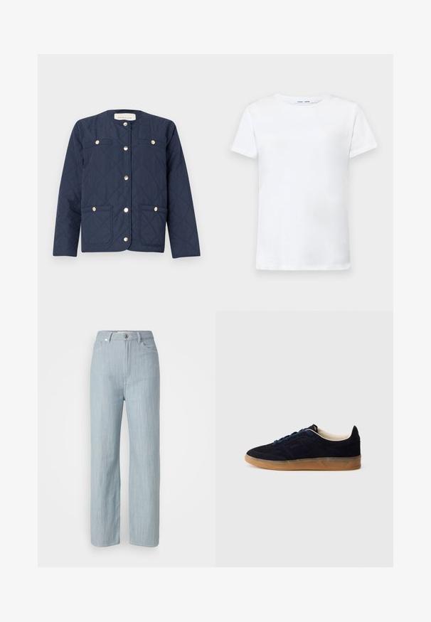 Marineblå quiltet jakke med rund hals, gullsnapper, to frontlommer og dekorativt diamantstingmønster.; Hvit kortermet t-skjorte laget av bomull med rund hals-design. Glatt tekstur og rett snitt, uten mønstre eller detaljer.; Lys blå rett ben jeans laget av denim. Har fem lommer, en metallknapplukking og subtil slitasje for tekstur.; Navy blå semsket sneakers med såle av gummikaramell, blå lisser og minimalistisk design. Har preget logo på siden og glatt innerfôr.
