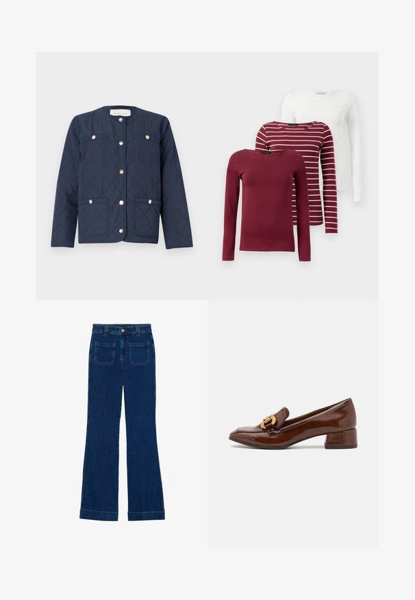 Jachetă matlasată navy cu guler rotund, nasturi aurii, două buzunare frontale și un model decorativ de cusături în diamant.; Trei tricouri cu maneci lungi: unul de culoare burgundy uniform, unul burgundy cu dungi albe și unul alb uniform. Toate sunt fabricate dintr-un material moale și elastic.; Jeans din denim cu fason evazat, de culoare albastru închis, cu o textură netedă, design cu cinci buzunare și închidere cu nasture la talie.; Loafers din piele maro cu un finisaj lucios, având o cataramă decorativă aurie în față și un toc mic tip bloc. Design clasic.