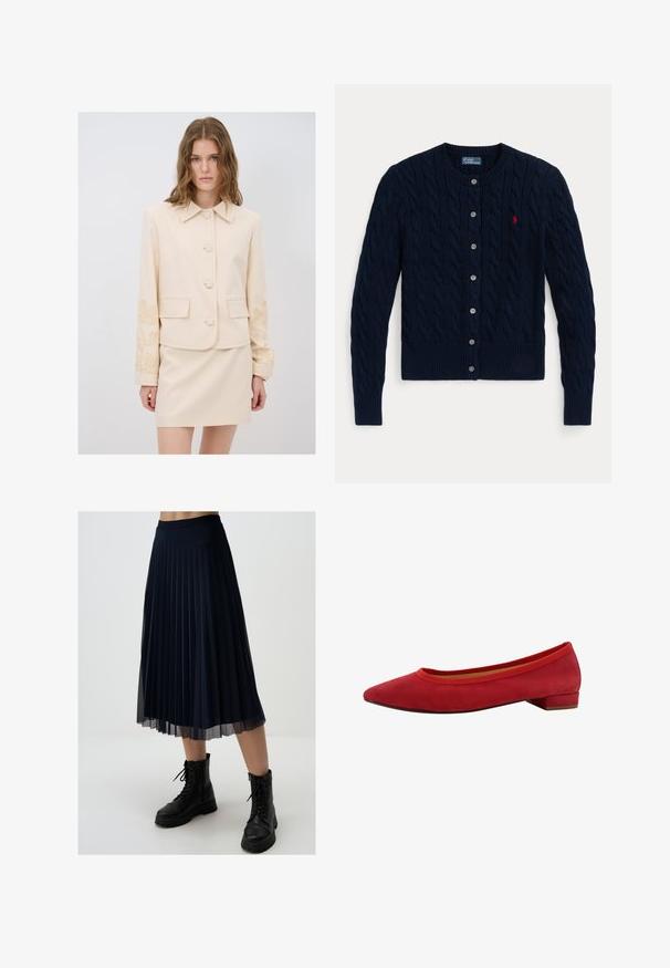 Giacca beige su misura con colletto, cinque bottoni e ricami floreali sulle maniche; abbinata a una gonna beige coordinata.; Cardigan lavorato a maglia blu navy con motivo a trecce, polsini e orlo a costine, sei bottoni e un piccolo logo rosso sul petto sinistro.; Camicia bianca a maniche lunghe con colletto a punta, realizzata in cotone. Presenta un piccolo logo ricamato sul petto sinistro.; Gonna plissettata blu navy realizzata in tessuto leggero, con lunghezza a metà polpaccio e vita aderente, abbinata a stivali da combattimento neri.; Ballerina in suede rosso con punta a punta, tacco basso a blocco e rifinitura elastica intorno all'apertura. Texture liscia con un design elegante.