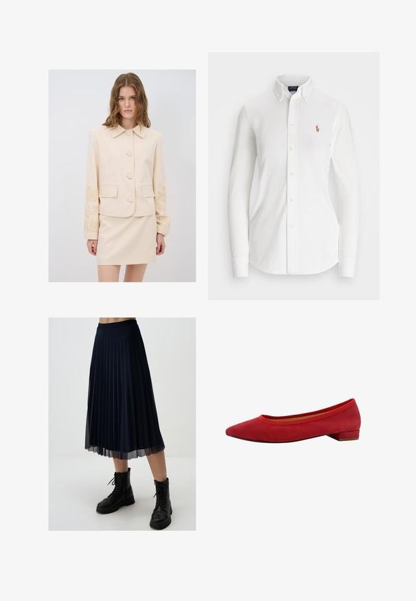 Giacca beige su misura con colletto, cinque bottoni e ricami floreali sulle maniche; abbinata a una gonna beige coordinata.; Camicia bianca a maniche lunghe con colletto a punta, realizzata in cotone. Presenta un piccolo logo ricamato sul petto sinistro.; Gonna plissettata blu navy realizzata in tessuto leggero, con lunghezza a metà polpaccio e vita aderente, abbinata a stivali da combattimento neri.; Ballerina in suede rosso con punta a punta, tacco basso a blocco e rifinitura elastica intorno all'apertura. Texture liscia con un design elegante.