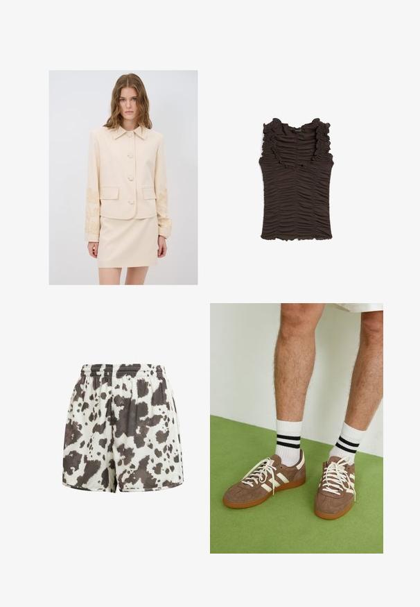 Beige skræddersyet jakke med krave, fem knapper og blomstermønster på ærmerne; parret med enMatchende beige nederdel.; Brun ærmeløs top med flæset halsudskæring og rynket stof hele vejen igennem. Har en tætsiddende silhuet og tekstureret overflade.; Stribede shorts i creme med et brunt og sort kvægprint. Glat tekstur, løs pasform, sydd kant og elastisk talje.; Brune ruskind sneakers med hvide detaljer og snørebånd. Gummisål i naturgummi. Båret med hvide sokker med sorte striber. Grøn struktureret gulv.